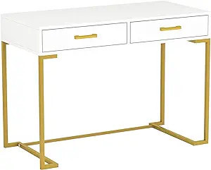 Tribesigns Small Computer Desk, 40 Inch White and Gold Writing Desk with 2 Drawers, Modern Simple... | Amazon (US)
