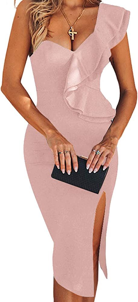 UONBOX Women's One Shoulder Sleeveless Knee Length Side Split Fashion Bandage Dress | Amazon (US)