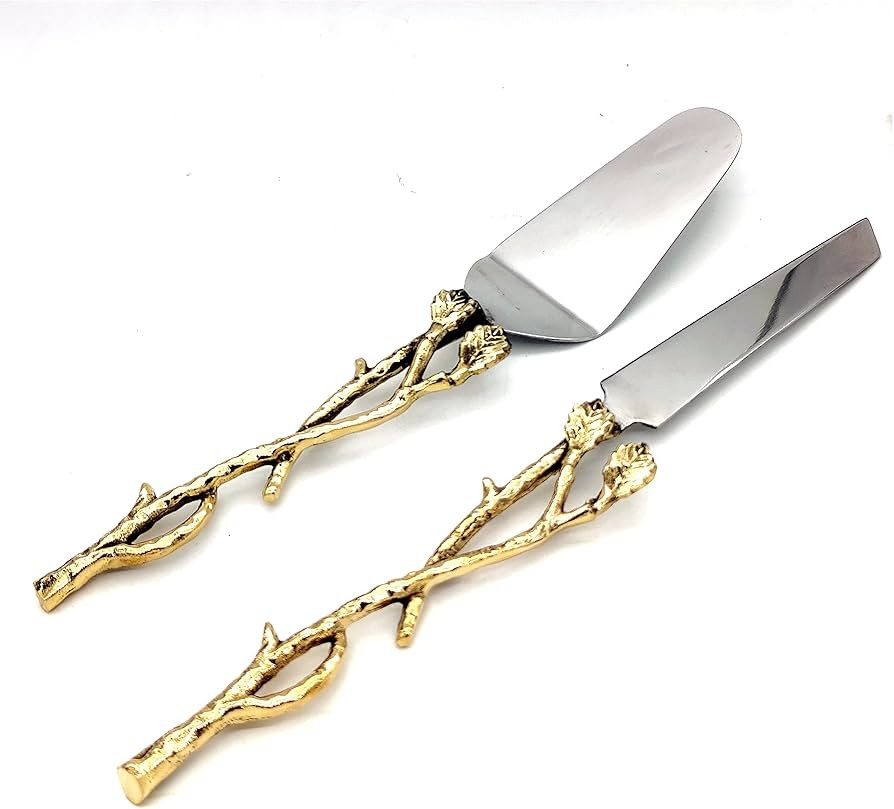Gold-leaf Cake Server Set. 1 Cake Knife and 1 Cake Server. Leaf Design 2 Tone Made of Stainless S... | Amazon (US)