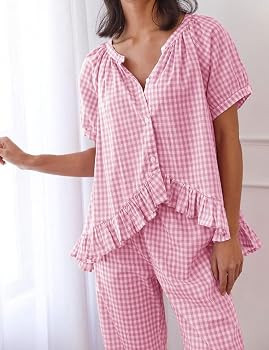 Flygo Womens Plaid 2 Piece Pajamas Sets Gingham Button Down Puff Sleeve Babydoll Shirt Ruffle Pan... | Amazon (US)