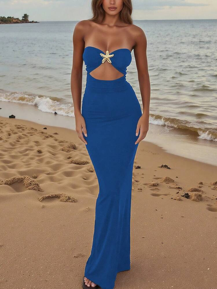 Women's Sexy Hollow-Out Strapless Starfish Metal Decor Bodycon Dress, Backless Y2K Elegant Evening Party Wedding Guest Cocktail Gown, Chic Hollow-Cut Formal Dress, Spring/Summer/Autumn | SHEIN