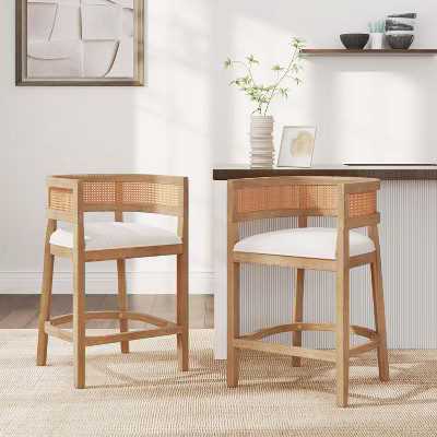 Christopher Knight Home Marni Contemporary Rubberwood Upholstered Counter Stools with Curved Rattan Back (Set of 2), Natural Oak | Target