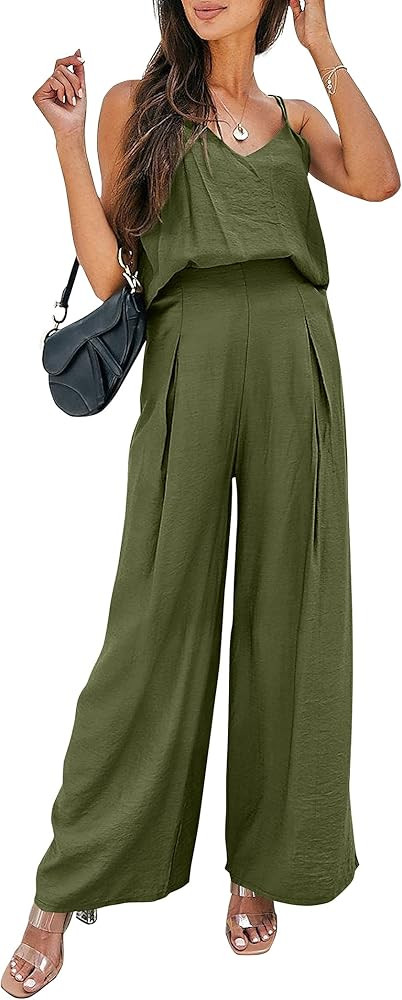 PRETTYGARDEN Women's Summer 2 Piece Set Sleeveless V Neck Cami Top Wide Leg Pants Loose Fit Casua... | Amazon (US)