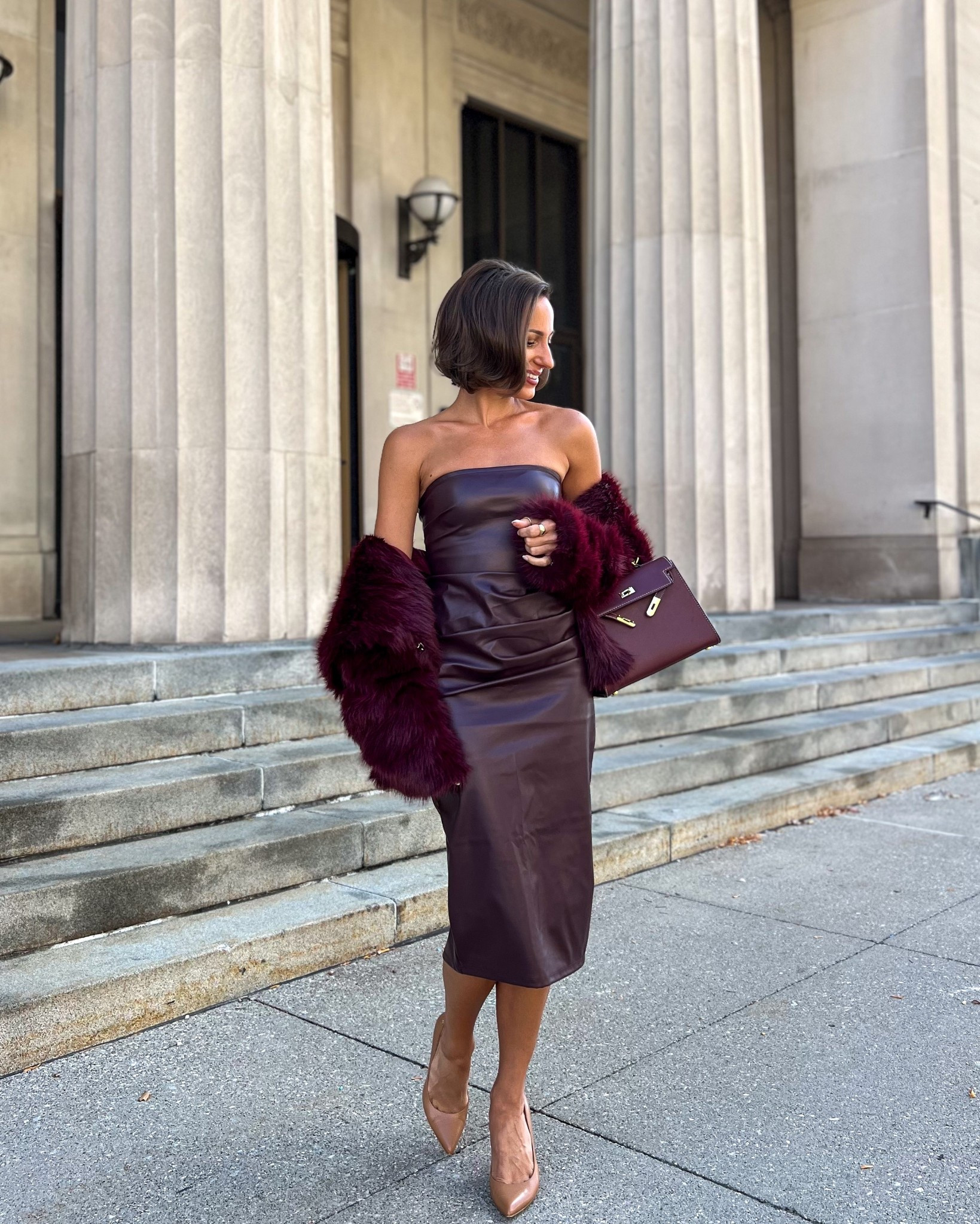 Faux leather dress runs tts and has stretch (wearing an xs)
Faux fur coat runs tts (wearing a small)
Calvin Klein pumps run tts (wearing a 7)

#LTKParties #LTKStyleTip #LTKFindsUnder50