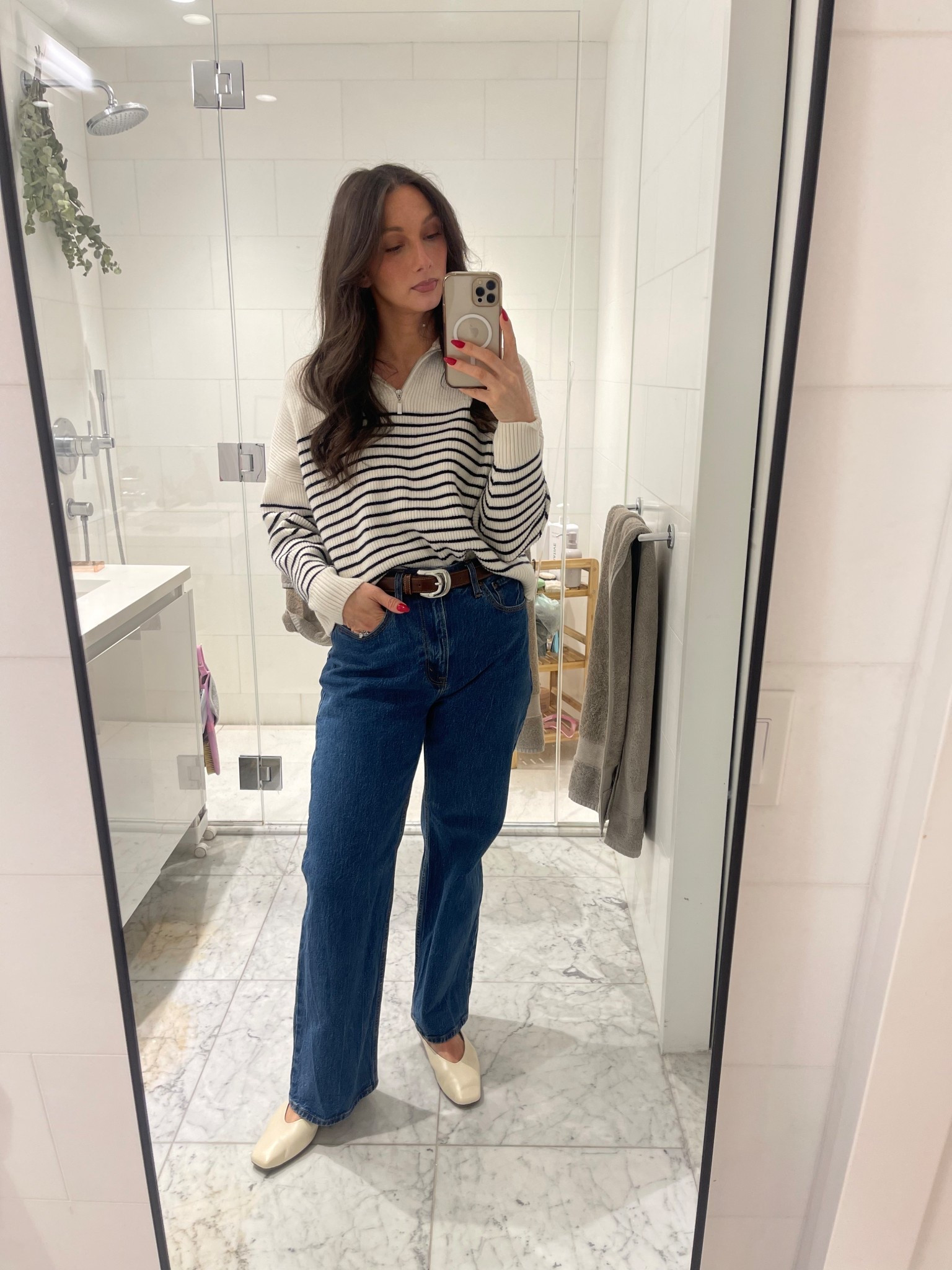 Chilly spring day 
Stripe sweater 
Jeans 
Cream flats 

#LTKStyleTip #LTKFindsUnder100 #LTKSeasonal