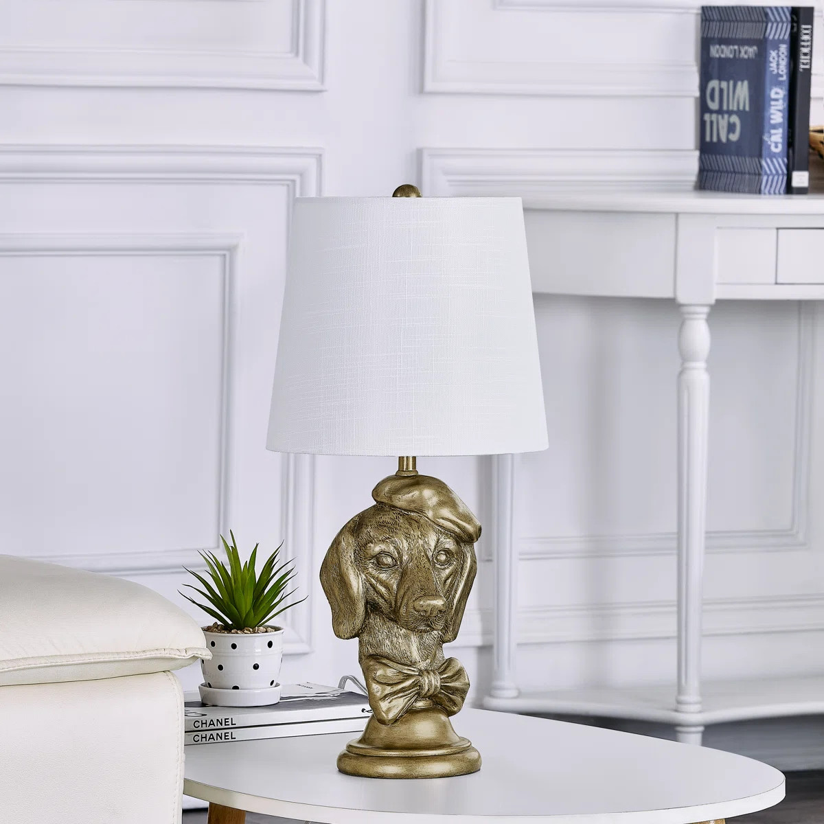 20" Gold Resin Dachshund Bust Table Lamp With Linen Shade | Wayfair North America