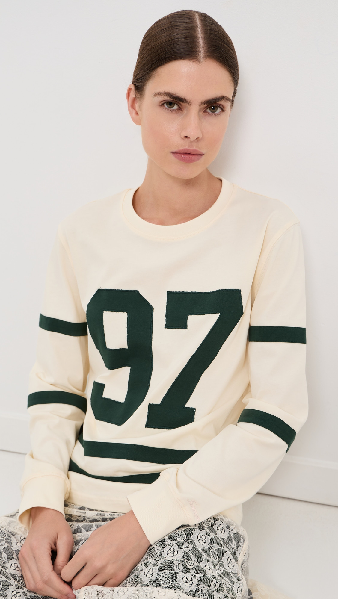 Tanner Fletcher Flynn "97" Varsity Long Sleeve Tee Ivory/Green XS | Shopbop