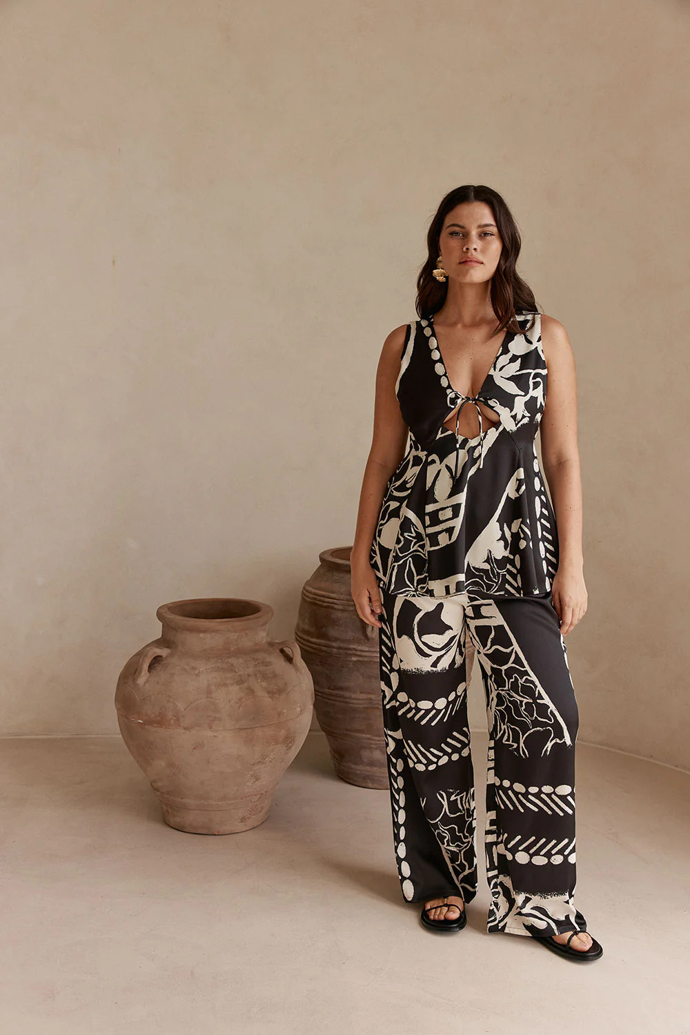 Black Botanic Vase Print Elastic Drawstring Zelina Pants | Sabo Skirt AU