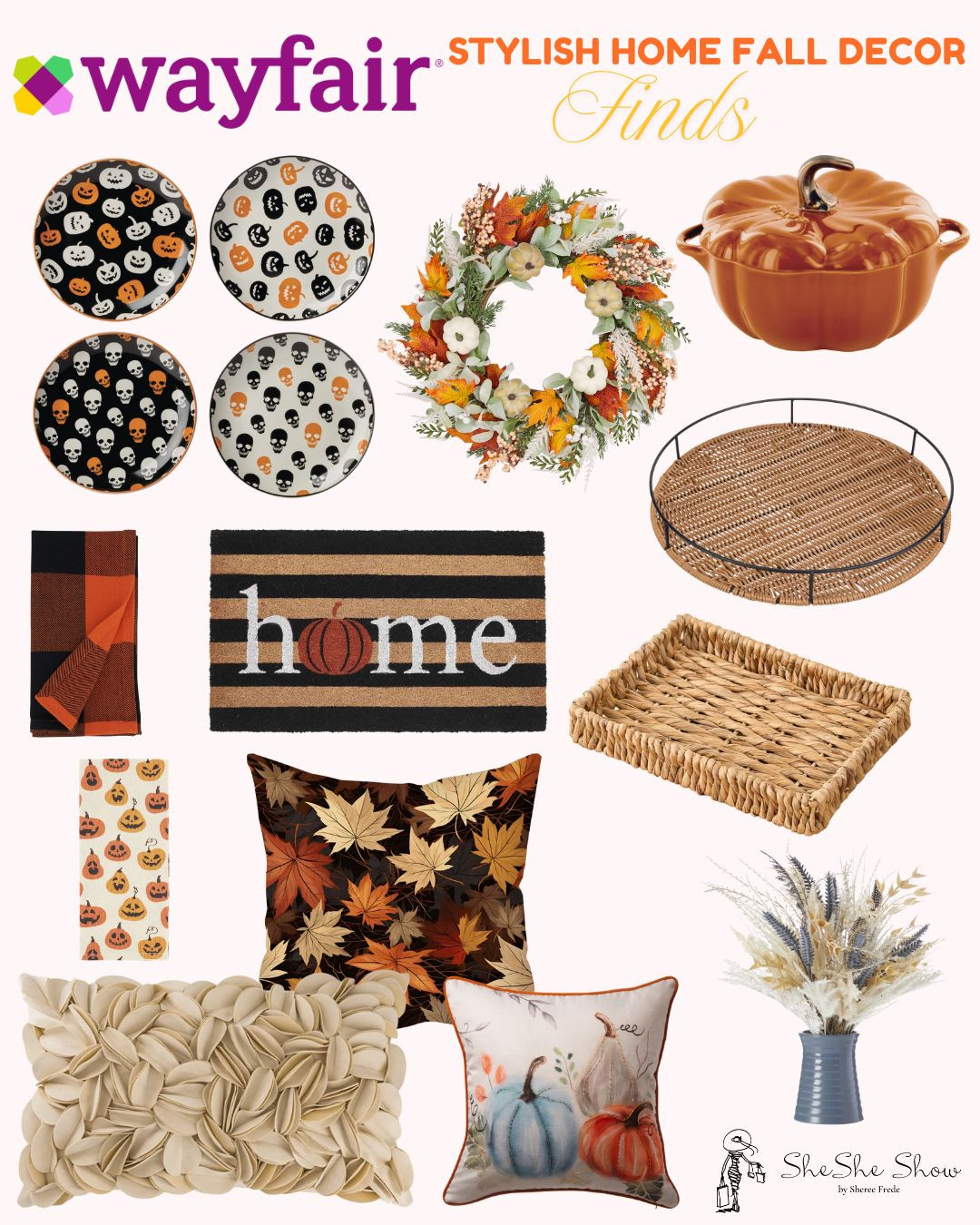  Fall home decor from Waifair. Reef, door mat, wicker tray, died flowers, pillows, platters, ceramic pumpkin coquette, plates

 

#LTKFindsUnder100 #LTKHome