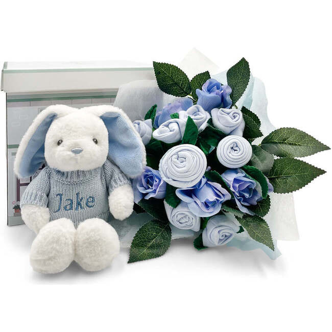 Hand Tied Baby Clothes Bouquet and Personalized Bunny, Blue | Maisonette