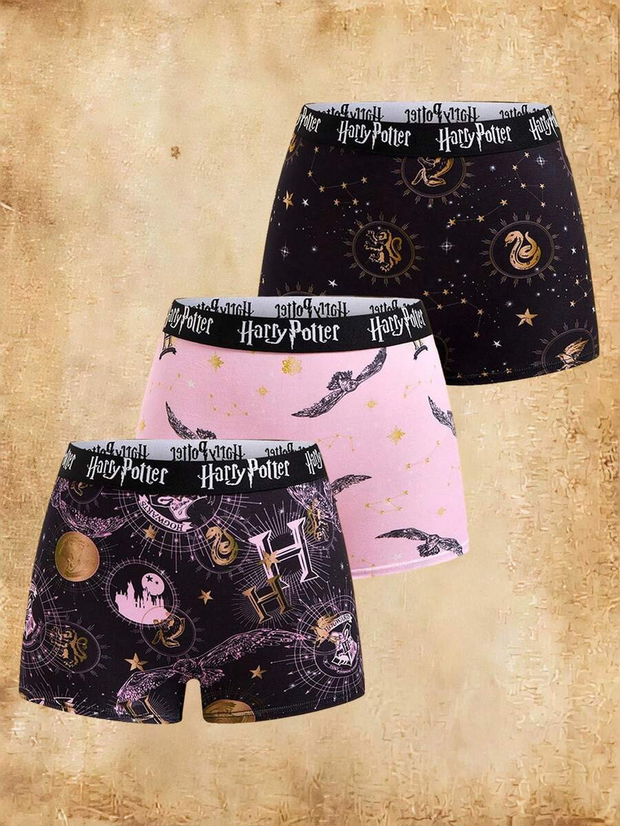HARRY POTTER X SHEIN 3pcs Women's Black & Pink Gothic Halloween Boyshorts, Comfy & Sofy & Silky E... | SHEIN