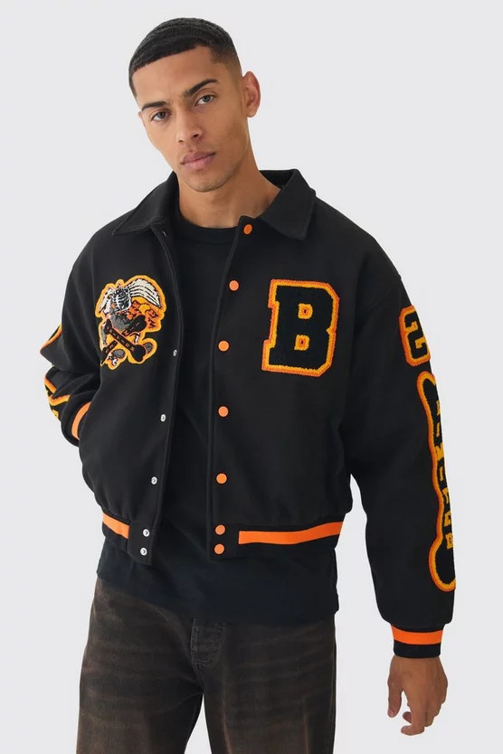 Boxy Badge Collared Varsity Jacket In Black | boohooMAN (US & Canada)