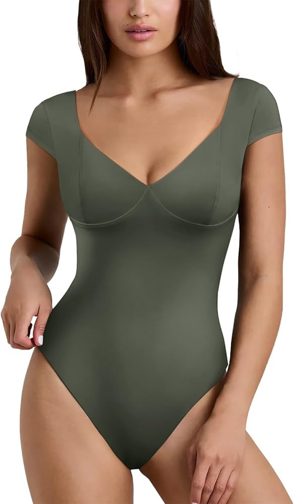REORIA Womens Sweetheart V Neck Cap Sleeve Double Lined Sexy Trendy Bodysuits Going Out Tops | Amazon (US)