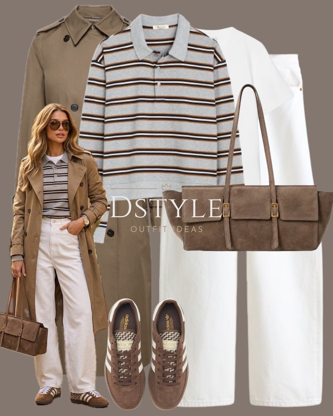 Casual chic everyday style ✨ Classic trench coat layer paired with a long-sleeve striped polo, white wide-leg jeans, brown suede tote, and retro Adidas sneakers.
 #TrenchCoat #CasualOutfit #StreetStyle #AutumnFashion

#LTKootd #LTKWorkwear