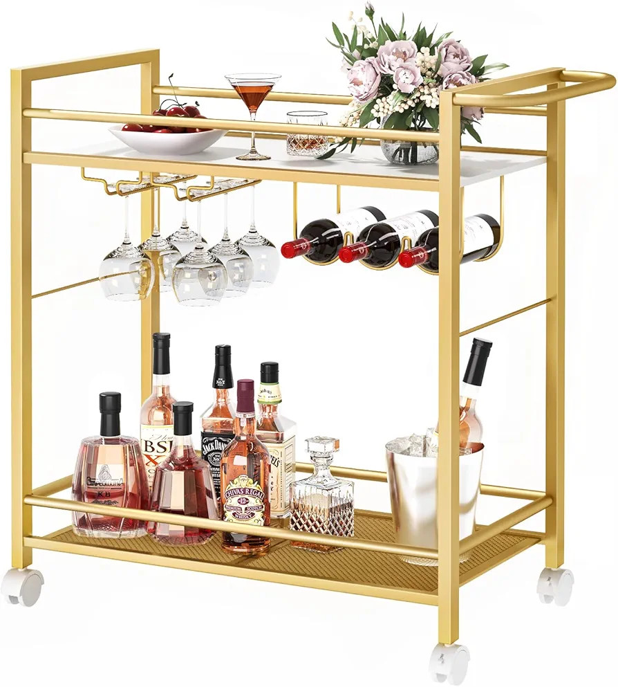 Bar Cart,Home Bar Serving Cart with Storage Shelves, 2 Tier Rolling Beverage Cart with Wheels, Mo... | Amazon (US)