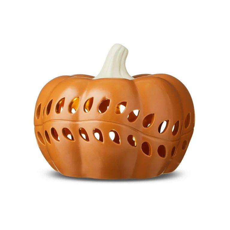 Harvest Pre-Lit Orange Ceramic Pumpkin Decoration, 5.25 in, by Way To Celebrate | Walmart (US)