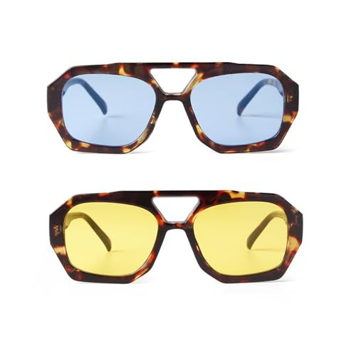 DQbhzh Retro Hexagon Aviator Sunglasses for Women Men Trendy Square Plastic Thick Frame Fashion Unique Double Bridge Designer Sun Glasses 2 Pack Tortoise Blue/Tortoise Shell Yellow Tinted Lens | Amazon (US)