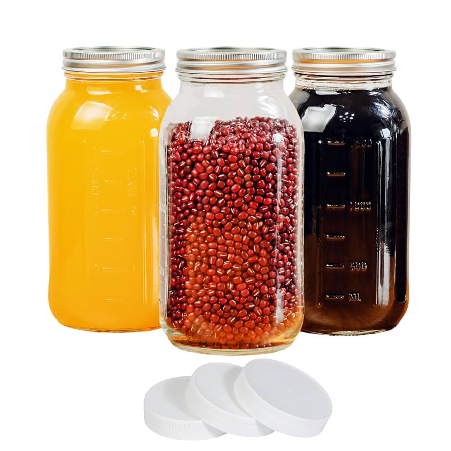 3 Pack 64 oz Clear Wide Mouth Mason Jars with Airtight Lids and White Plastic Mason Jar Lids,Half... | Amazon (US)