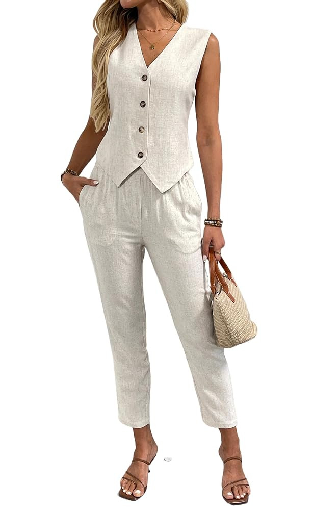 Women's 2 Piece Outfits Linen Vest Waistcoat Dressy Business Casual Sets Summer Tapered Pants Sui... | Amazon (US)