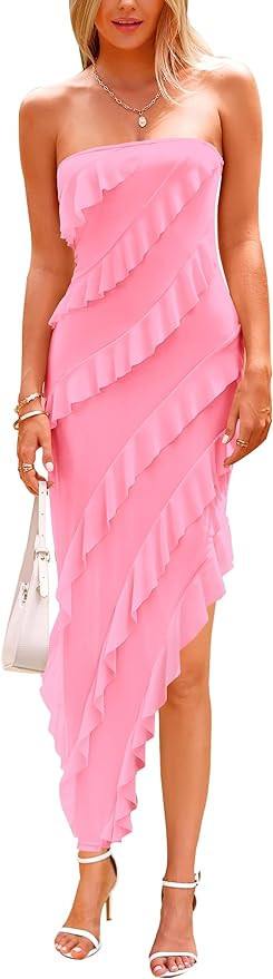 Pretty Garden Womens Strapless Tube Asymmetrical Ruffle Maxi Bodycon Dress | Amazon (US)