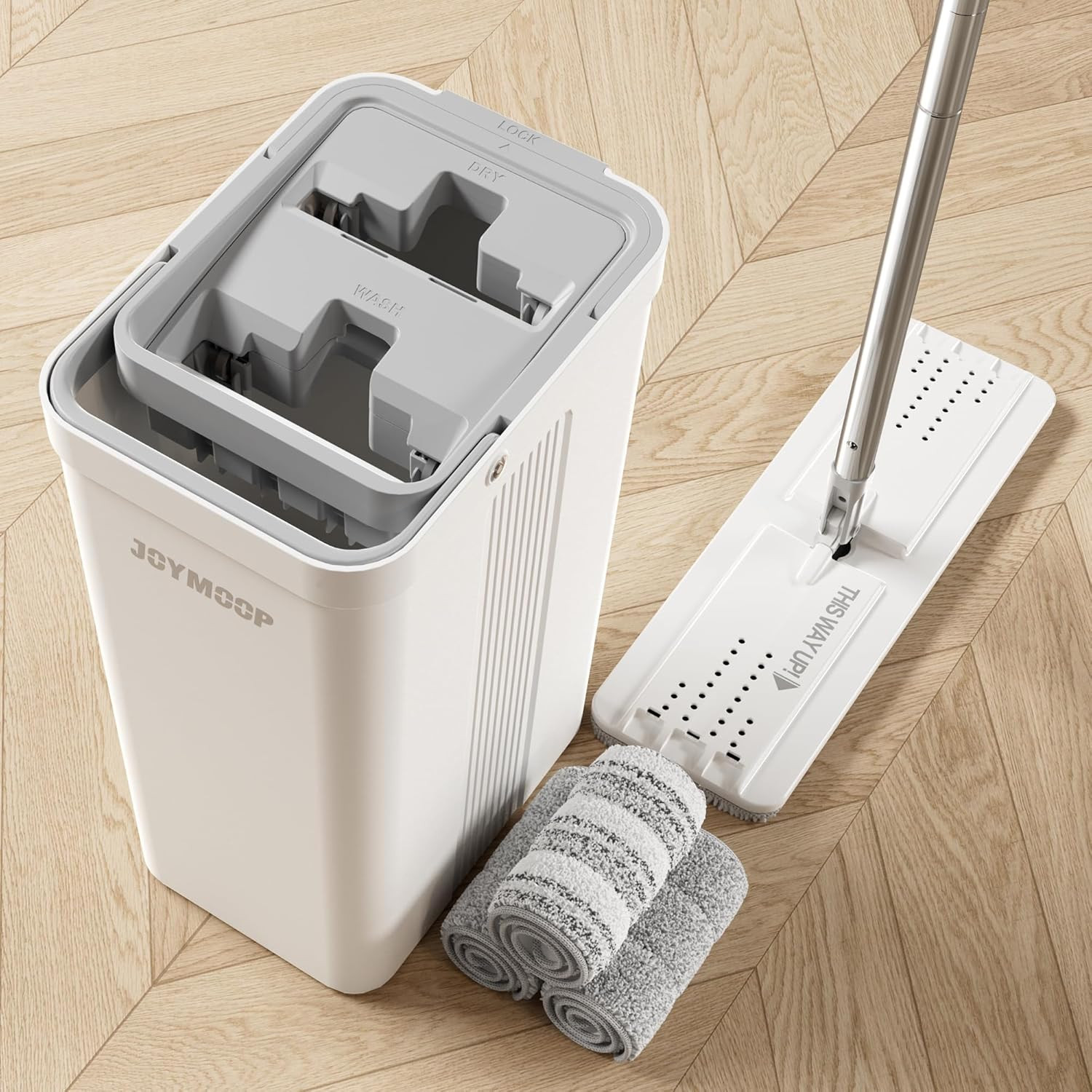 JOYMOOP Mop and Bucket with Wringer Set for Home, Hands Free White Flat Squeeze Mop Bucket Set for Floor Cleaning and Wall Cleaner with Long Handle, with 3 Reusable Microfiber Pads | Amazon (US)