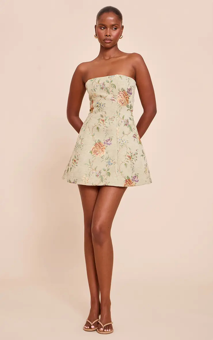 Sage Green Floral Bandeau A Line Shift Dress | PrettyLittleThing US