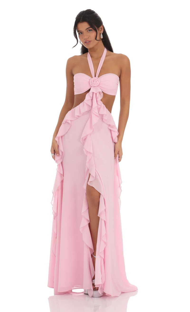 Chiffon Cutout Ruffle Maxi Dress in Pink | Lucy in the Sky