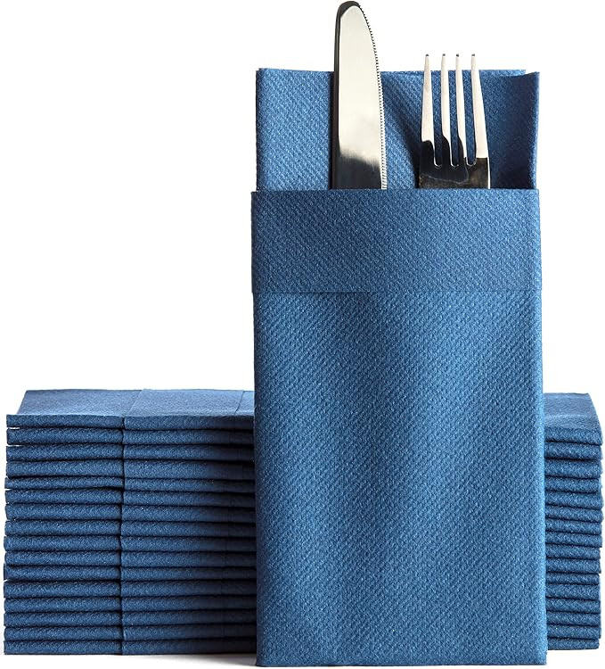 Navy Dinner Napkins Cloth Like with Built-in Flatware Pocket, Linen-Feel Absorbent Disposable Pap... | Amazon (US)