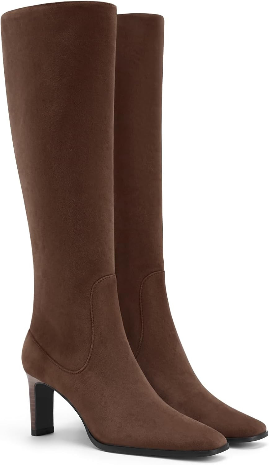 Coutgo Knee High Boots Women Square Toe Chunky Heel Zipper Dress Tall Boots | Amazon (US)