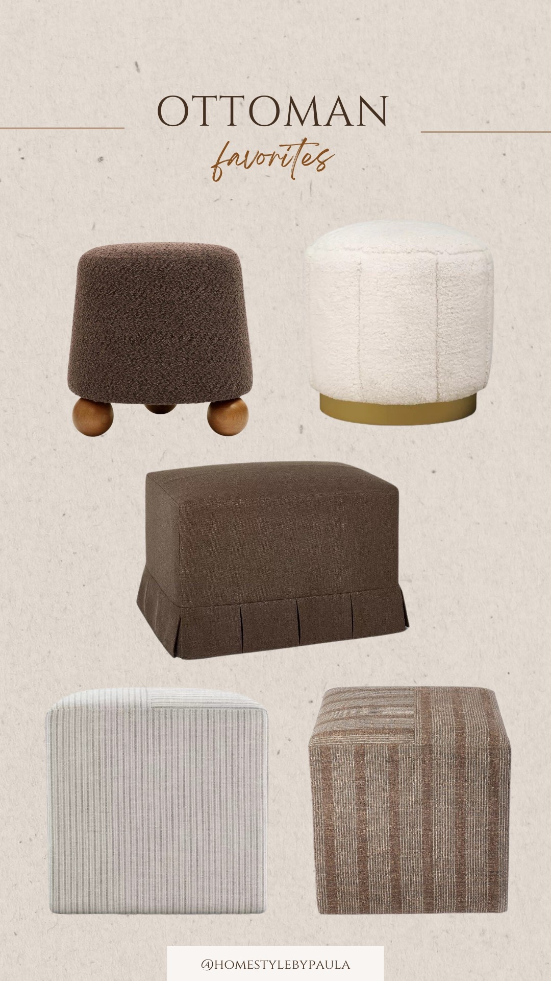 A selection of my favorite affordable ottomans. They are perfect to be used near an accent chair, in front of a fireplace or under an entryway console. Target finds, Amazon finds, affordable home decor, neutral home decor, ottoman  

#LTKHome #LTKSaleAlert #LTKU