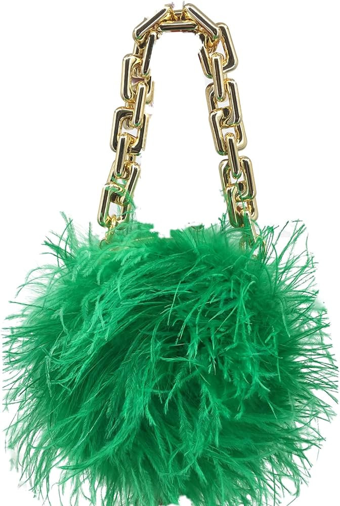 LVCOMEFF Women Ostrich Feather Mini Handbag Purse with Big Gold Chain for Party Fluffy Plush Luxu... | Amazon (US)