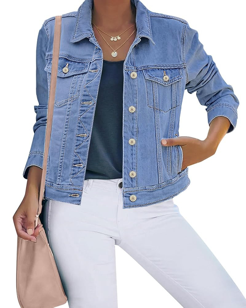 luvamia Women's Basic Button Down Stretch Fitted Long Sleeves Denim Jean Jacket | Amazon (US)