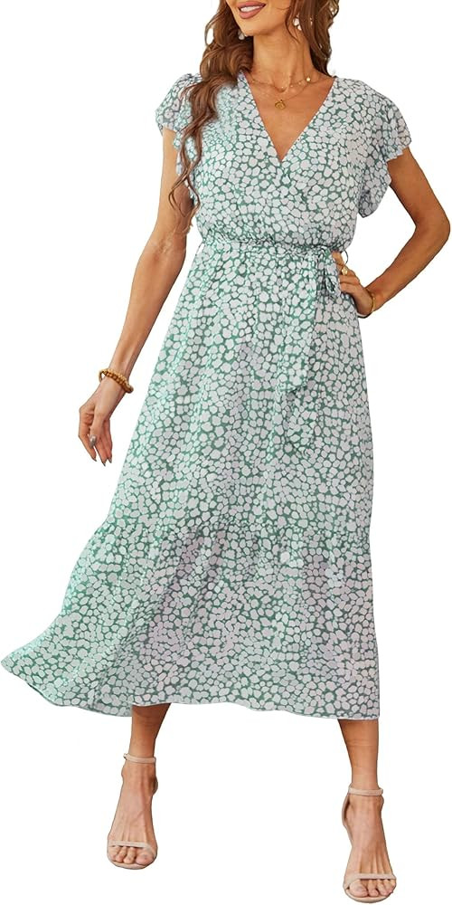 PRETTYGARDEN Women's Summer Floral Boho Maxi Dress Short Sleeve Wrap V Neck Ruffle Long Flowy Bea... | Amazon (US)