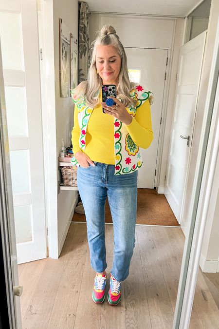 Ootd - Thursday. Yellow knit top (Hema), the best straight stretch jeans (sustainable option), a bright embroidered gilet (local boutique) and custom Nike ID’s (over 15 years old).

#LTKeurope #LTKnederlands #LTKstyletip