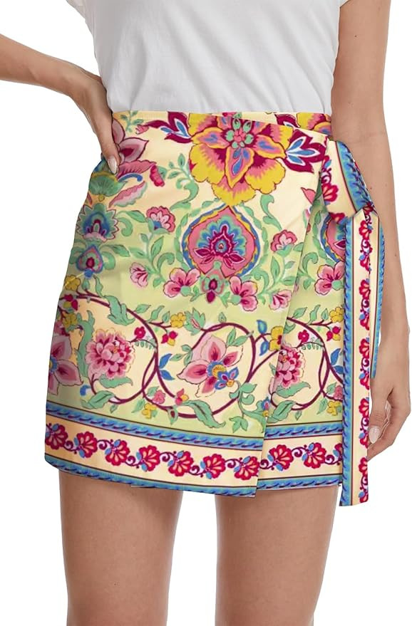 Women's Floral Wrap Mini Skirt Tie Side A-Line High Waist Boho Summer Vacation Beach Short Skirt ... | Amazon (US)