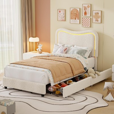 Upholstered LED Twin Bed Frames for Kids with 2 Drawers and Headboard, Cute Twin Bed with Storage for Girls, Boys, Sturdy Platform Bed, Beige | Target