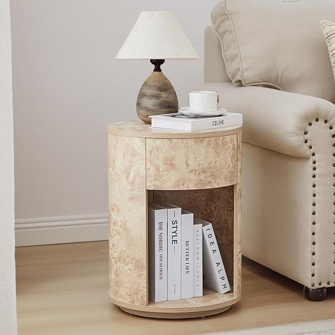 Side Table with Drawer, Round Bedside Table with Open Shelf, Farmhouse Burl Wood Nightstand Accen... | Amazon (US)