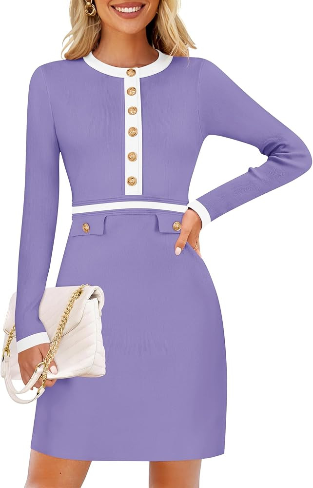 ZESICA Women's Fall Long Sleeve Bodycon Sweater Dress Crewneck Button Knit Color Block Party Mini... | Amazon (US)