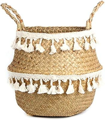 BlueMake Tassel Macrame Woven Seagrass Belly Basket for Storage, Decoration, Laundry, Picnic, Pla... | Amazon (US)