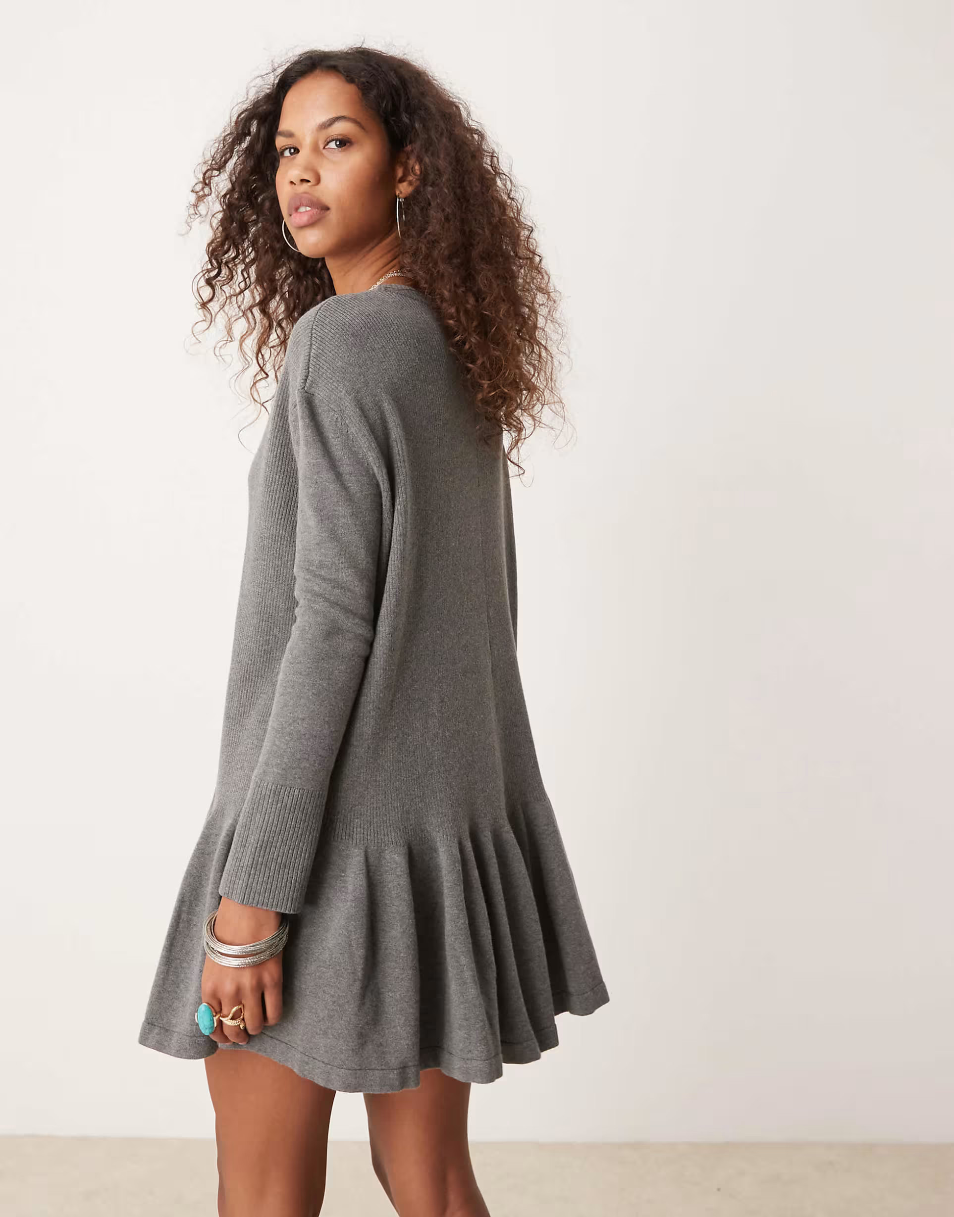 Free People knit mini ruffle hem mini dress in gray | ASOS (Global)