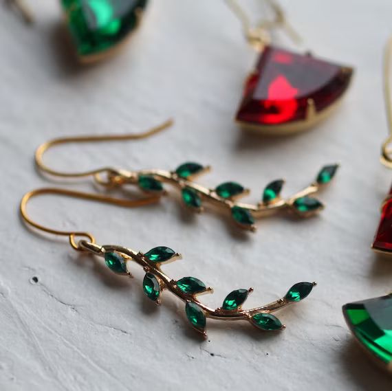 Emerald Green Deco Leaf Earrings Vintage Branch Earrings May - Etsy | Etsy (US)