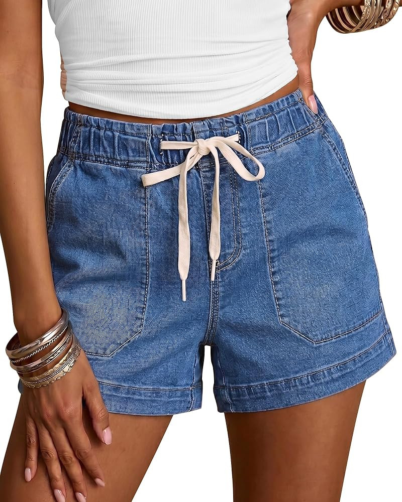 luvamia Jean Shorts for Women High Waisted Pull On Drawstring Elastic Waist Trendy Stretchy Denim... | Amazon (US)