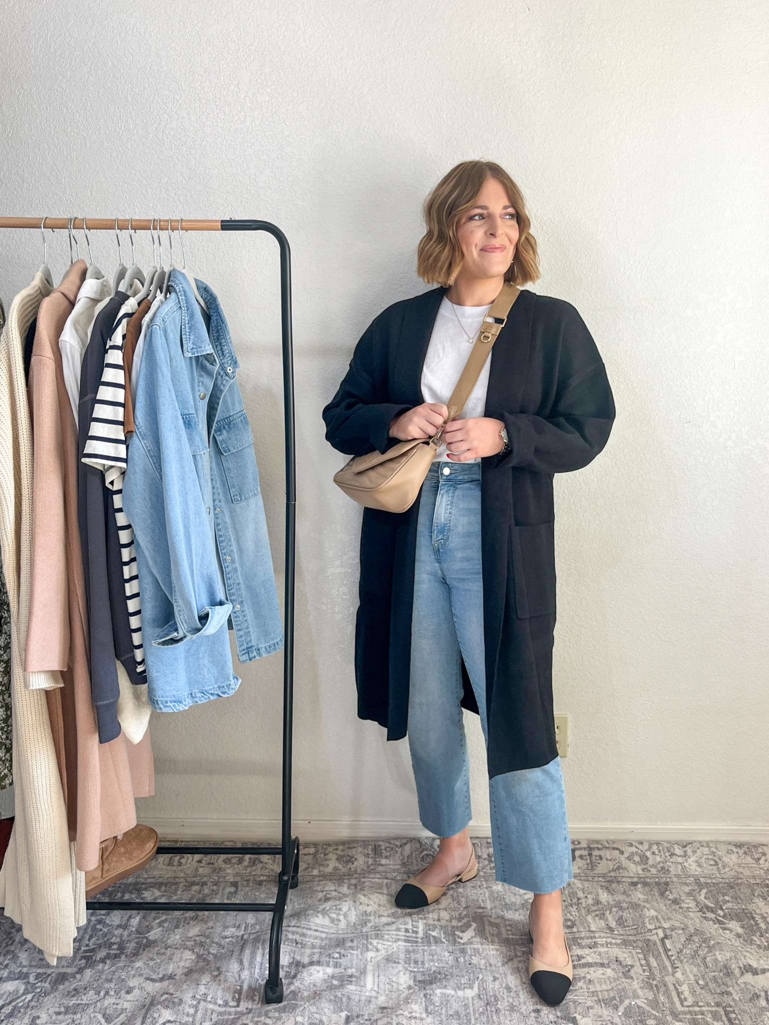 Styling cap-toe flats// oversized coatigan + t-shirt

Wearing L in coatigan
Wearing L in tee
Jeans tts 

#LTKmidsize #LTKstyletip #LTKshoecrush