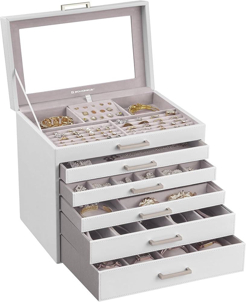 SONGMICS Jewelry Box, 6-Tier Jewelry Organizer, Large Jewelry Case with Big Mirror, 5 Drawers, La... | Amazon (US)