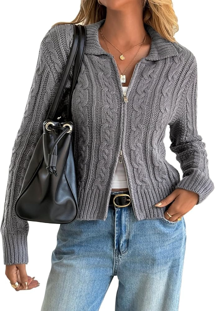 2026 Women Cable Knit Crop Cardigan Zip Up Sweater Jacket Vintage Chunky Y2k Grunge Aesthetic Clo... | Amazon (US)