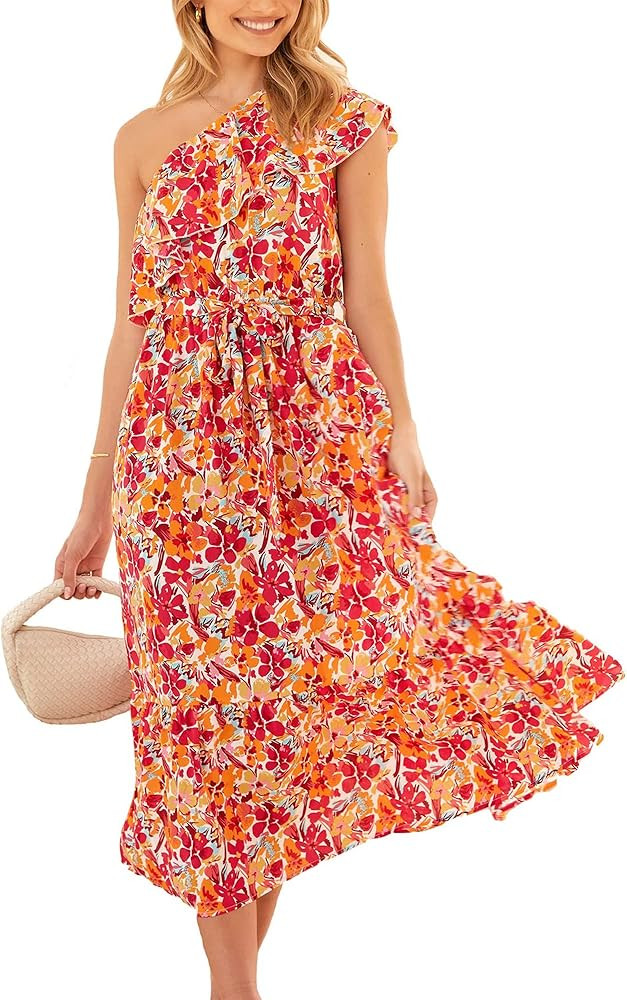 NOLLSOM Casual Women Summer Dresses 2023 One Shoulder Maxi Dress Sleeveless Ruffle Layered Boho F... | Amazon (US)