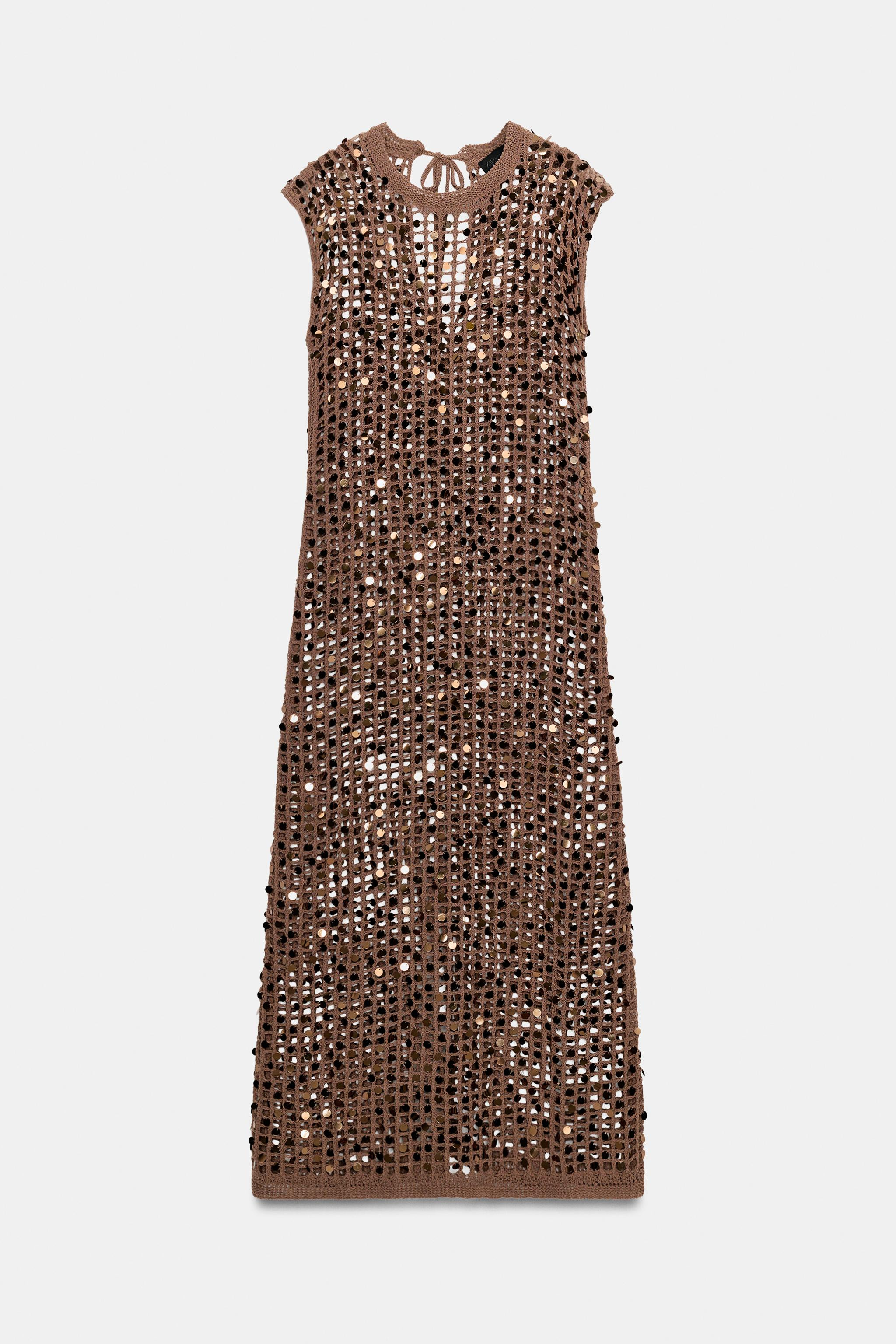 Open knit sequin dress. Features a round neck and sleeveless design. Tie fastening at the back. | Zara IT