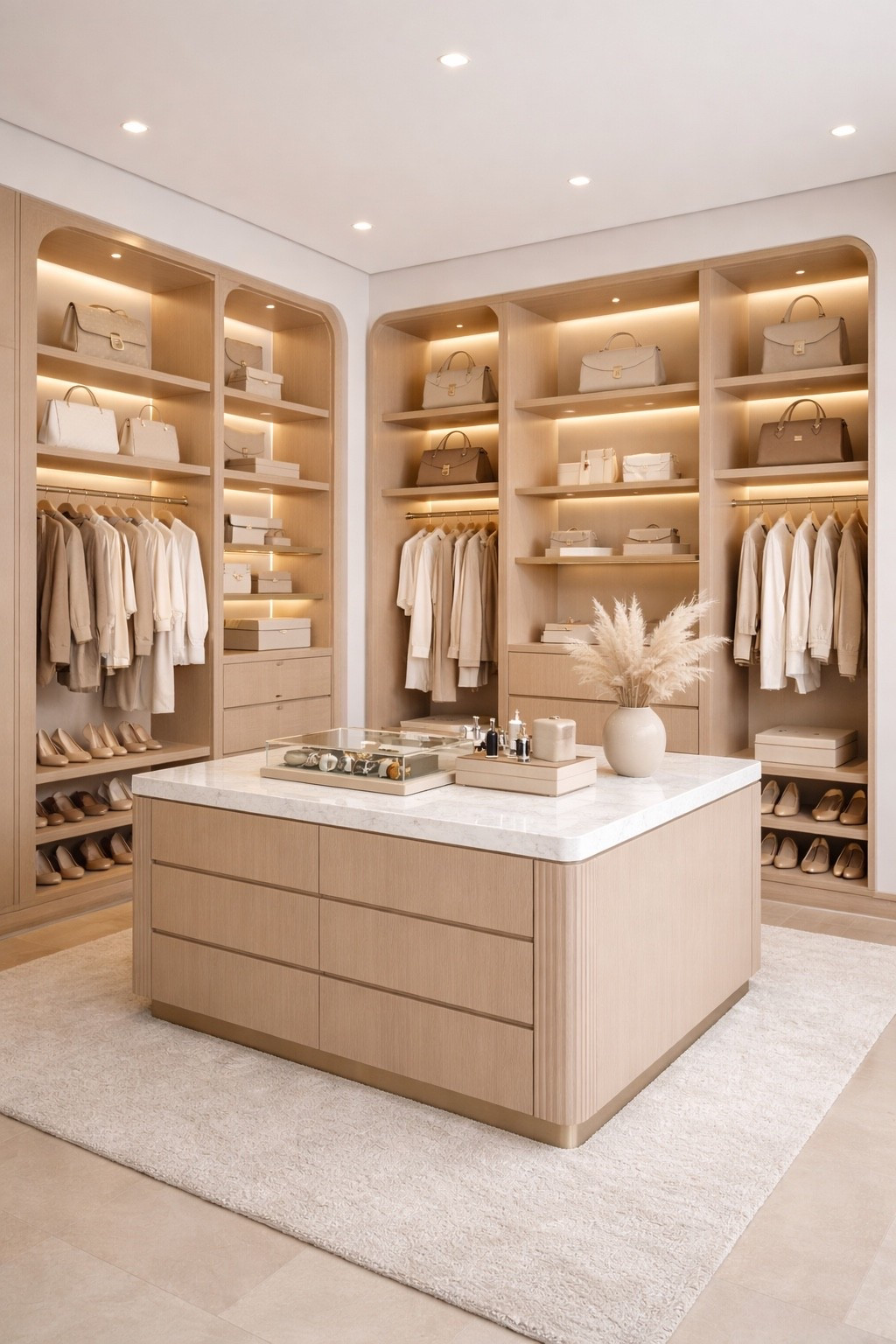 Elegant modern walk-in closet with custom built-in storage, soft beige tones and a central island.
Perfect inspiration for a luxury dressing room with warm lighting, organized shelving and timeless neutral design.
Ideal for those dreaming of a calm, functional and beautifully styled wardrobe space. #walkincloset  
#closetdesign  
#luxurycloset  
#neutralinterior  
#modernhome  
#dressingroom  
#homeorganization  
#customcloset  
#interiorinspo  
#minimaldesign

#LTKdayinmylife #LTKHome #LTKActive