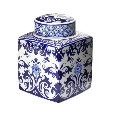 Storied Home Decorative Square Ceramic Ginger Jar with Lid for Small Spaces, Blue and White | Target