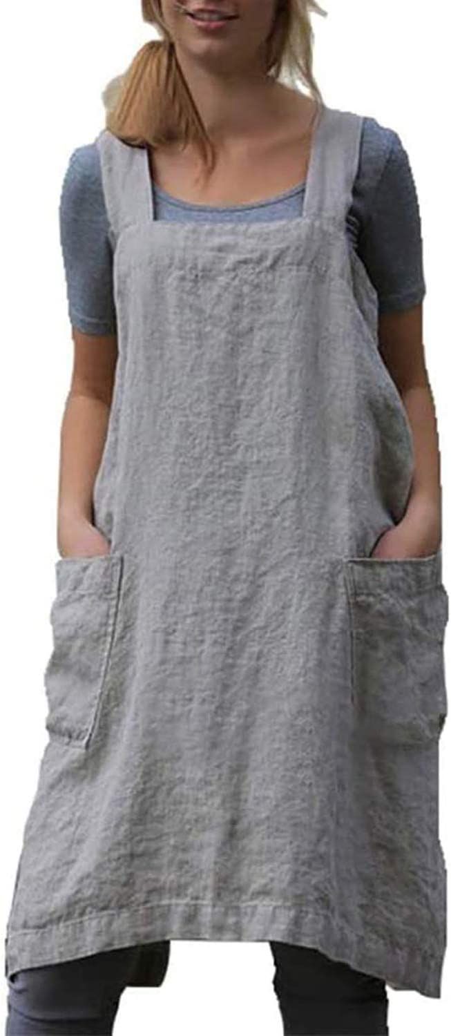Cotton Linen Apron Cross Back Apron for Women with Pockets Pinafore Dress for Baking Cooking | Amazon (US)